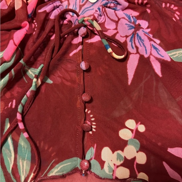 Free People Red Floral Print of Paradise Mesh Tie Front Crop Top Bell Sleeve - Picture 10 of 12